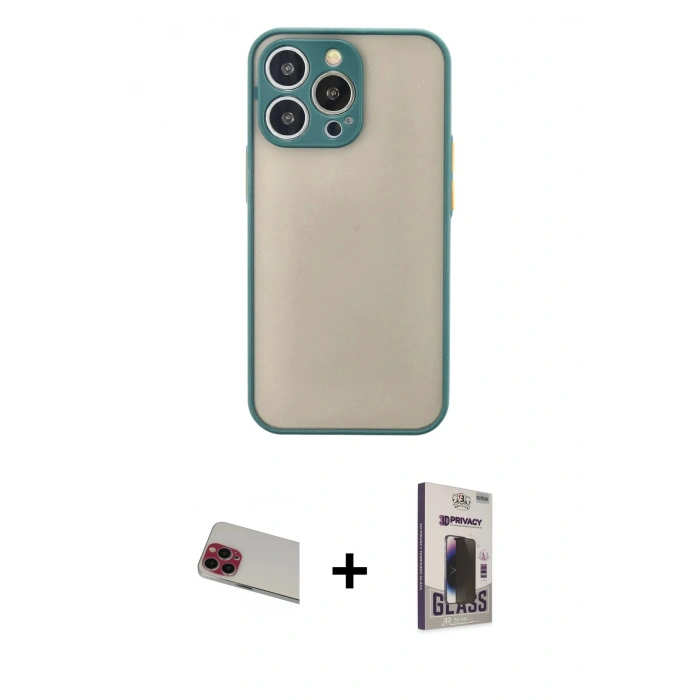 MARSİLYAN™- iPhone 13 Pro Max Kılıf Ahenk Çizgi Serisi - Siyah Bilvis Hayalet Cam Ekran Koruyucu + Rainbow Kamera Lens Koruma Cam - KI