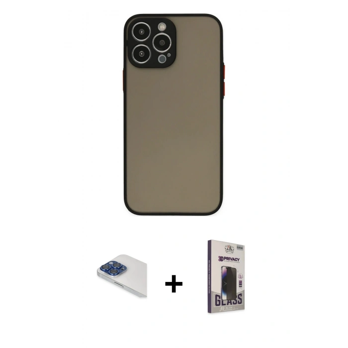 MARSİLYAN™- iPhone 13 Pro Max Kılıf Ahenk Çizgi Serisi - Siyah Bilvis Hayalet Cam Ekran Koruyucu + Lacivert Pers Alüminyum Kamera Lens