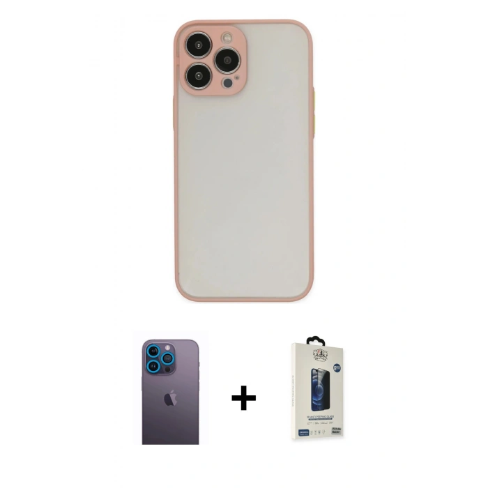 MARSİLYAN™- iPhone 13 Pro Max Kılıf Ahenk Çizgi Serisi - Siyah Bilvis Hayalet Cam Ekran Koruyucu + Mavi Neon Fosforlu Kamera Lens