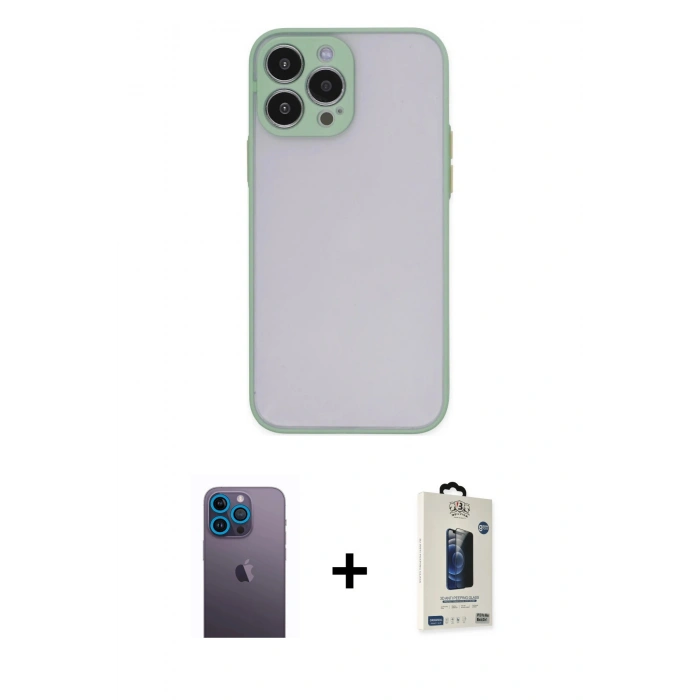 MARSİLYAN™- iPhone 13 Pro Max Kılıf Ahenk Çizgi Serisi - Siyah Bilvis Hayalet Cam Ekran Koruyucu + Mavi Neon Fosforlu Kamera Lens