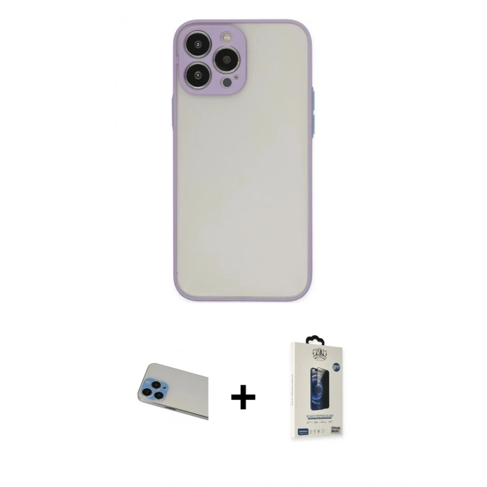 MARSİLYAN™- iPhone 13 Pro Max Kılıf Ahenk Çizgi Serisi - Siyah Bilvis Hayalet Cam Ekran Koruyucu + Rainbow Kamera Lens Koruma Cam - MI