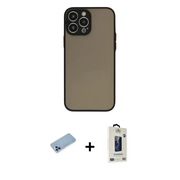 MARSİLYAN™- iPhone 13 Pro Max Kılıf Ahenk Çizgi Serisi - Siyah Bilvis Hayalet Cam Ekran Koruyucu + Shine Kamera Lens Koruma Cam - MI