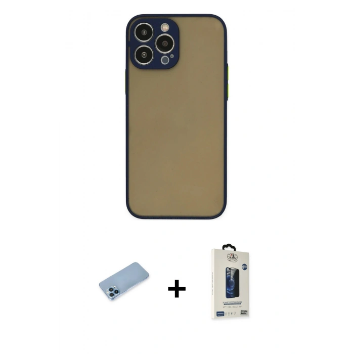 MARSİLYAN™- iPhone 13 Pro Max Kılıf Ahenk Çizgi Serisi - Siyah Bilvis Hayalet Cam Ekran Koruyucu + Shine Kamera Lens Koruma Cam - MI