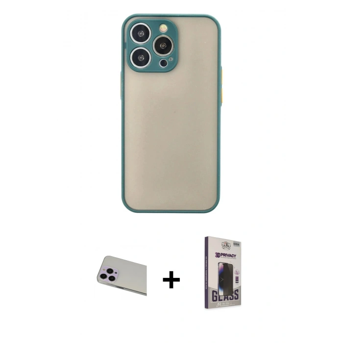 MARSİLYAN™- iPhone 13 Pro Max Kılıf Ahenk Çizgi Serisi - Siyah Bilvis Hayalet Cam Ekran Koruyucu + Rainbow Kamera Lens Koruma Cam - MR