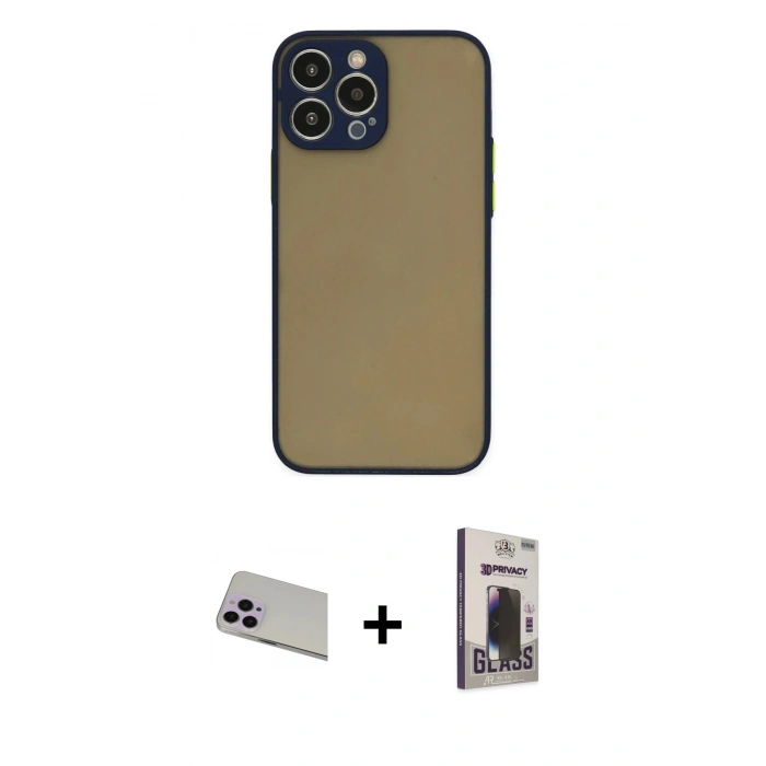 MARSİLYAN™- iPhone 13 Pro Max Kılıf Ahenk Çizgi Serisi - Siyah Bilvis Hayalet Cam Ekran Koruyucu + Rainbow Kamera Lens Koruma Cam - MR