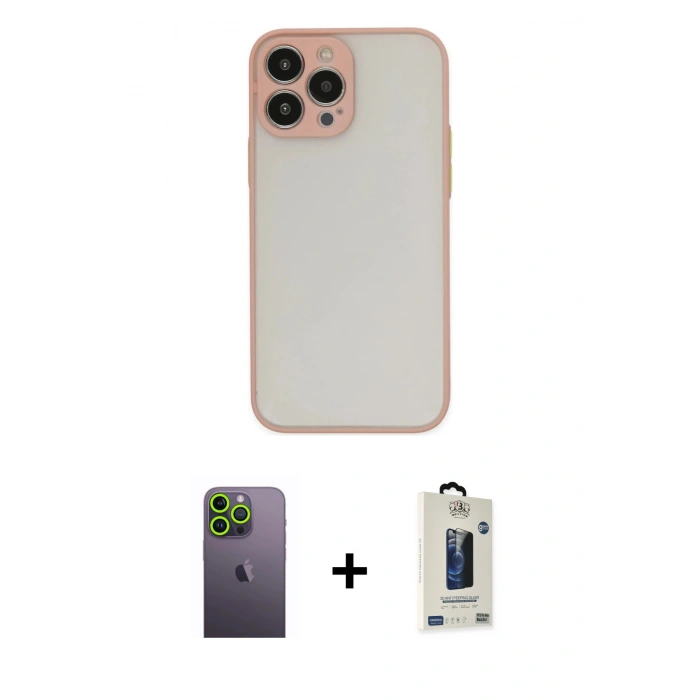 MARSİLYAN™- iPhone 13 Pro Max Kılıf Ahenk Çizgi Serisi - Siyah Bilvis Hayalet Cam Ekran Koruyucu + Neon Fosforlu Kamera Lens - YL