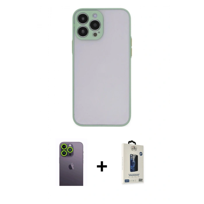 MARSİLYAN™- iPhone 13 Pro Max Kılıf Ahenk Çizgi Serisi - Siyah Bilvis Hayalet Cam Ekran Koruyucu + Neon Fosforlu Kamera Lens - YL