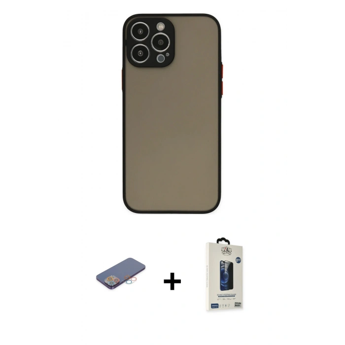MARSİLYAN™- iPhone 13 Pro Max Kılıf Ahenk Çizgi Serisi - Siyah Bilvis Hayalet Cam Ekran Koruyucu + Renkli Kamera Lens Koruma Cam - PE