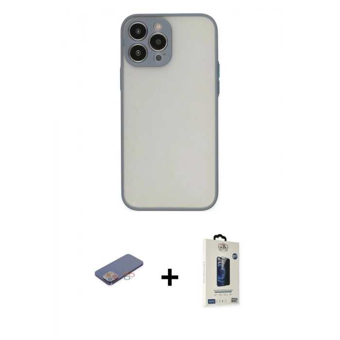MARSİLYAN™- iPhone 13 Pro Max Kılıf Ahenk Çizgi Serisi - Siyah Bilvis Hayalet Cam Ekran Koruyucu + Renkli Kamera Lens Koruma Cam - PE