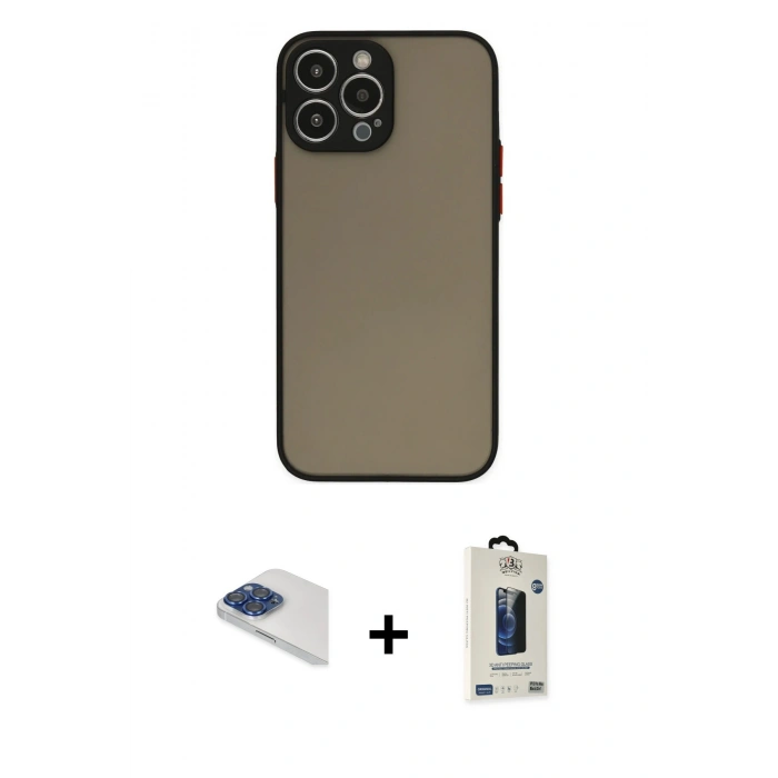 MARSİLYAN™- iPhone 13 Pro Max Kılıf Ahenk Çizgi Serisi - Siyah Bilvis Hayalet Cam Ekran Koruyucu + Pers Alüminyum Kamera Lens - LT