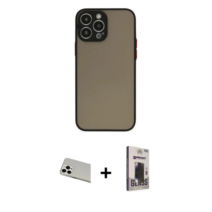 MARSİLYAN™- iPhone 13 Pro Max Kılıf Ahenk Çizgi Serisi - Siyah Bilvis Hayalet Cam Ekran Koruyucu + Rainbow Kamera Lens Koruma Cam - BZ