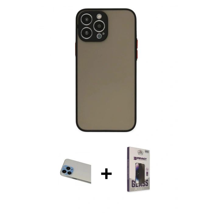 MARSİLYAN™- iPhone 13 Pro Max Kılıf Ahenk Çizgi Serisi - Siyah Bilvis Hayalet Cam Ekran Koruyucu + Rainbow Kamera Lens Koruma Cam - MI