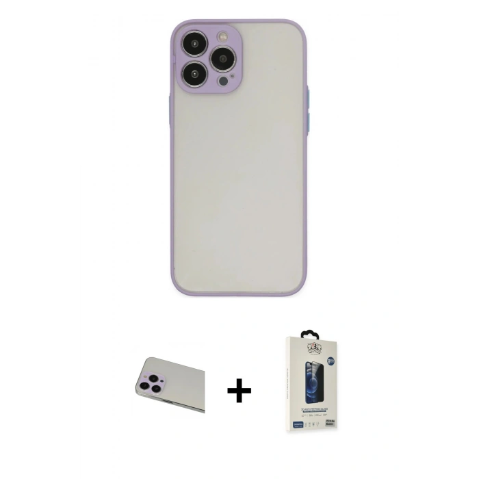 MARSİLYAN™- iPhone 13 Pro Max Kılıf Ahenk Çizgi Serisi - Siyah Bilvis Hayalet Cam Ekran Koruyucu + Rainbow Kamera Lens Koruma Cam - MR