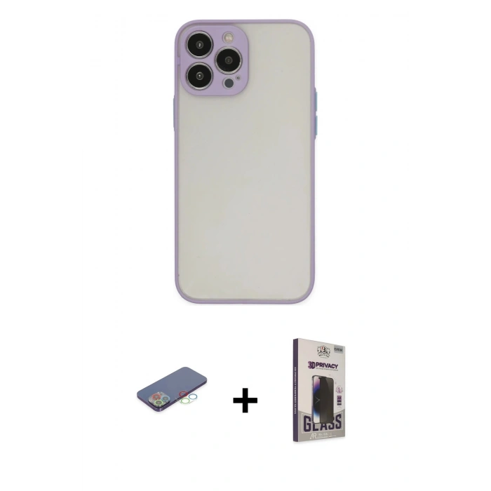 MARSİLYAN™- iPhone 13 Pro Max Kılıf Ahenk Çizgi Serisi - Siyah Bilvis Hayalet Cam Ekran Koruyucu + Renkli Kamera Lens Koruma Cam - MI