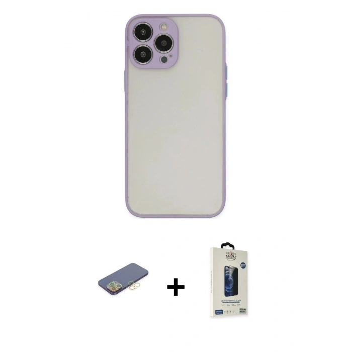 MARSİLYAN™- iPhone 13 Pro Max Kılıf Ahenk Çizgi Serisi - Siyah Bilvis Hayalet Cam Ekran Koruyucu + Renkli Kamera Lens Koruma Cam - SI