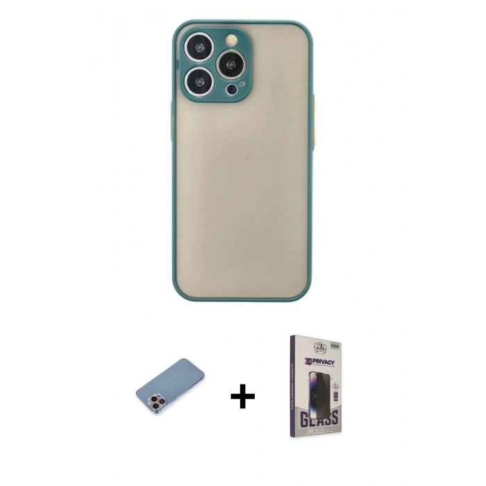MARSİLYAN™- iPhone 13 Pro Max Kılıf Ahenk Çizgi Serisi - Siyah Bilvis Hayalet Cam Ekran Koruyucu + Shine Kamera Lens Koruma Cam - PE