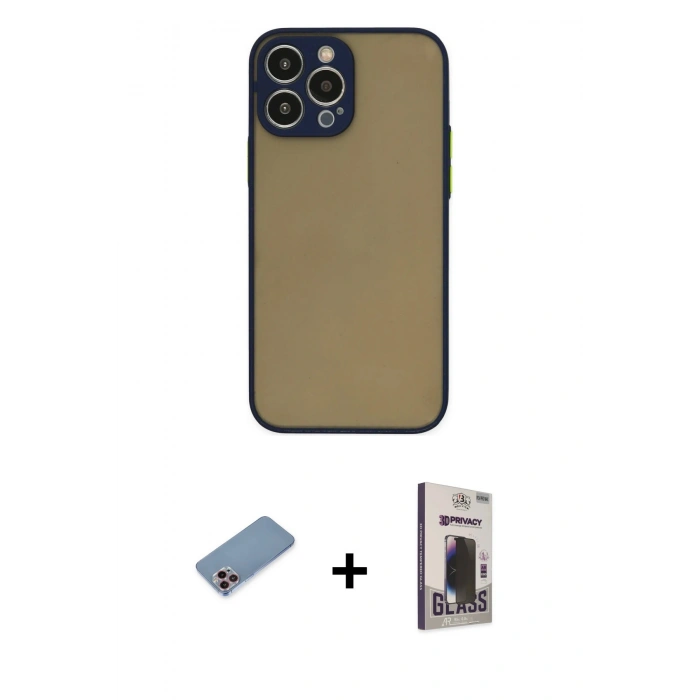 MARSİLYAN™- iPhone 13 Pro Max Kılıf Ahenk Çizgi Serisi - Siyah Bilvis Hayalet Cam Ekran Koruyucu + Shine Kamera Lens Koruma Cam - PE