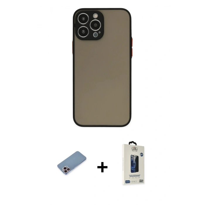 MARSİLYAN™- iPhone 13 Pro Max Kılıf Ahenk Çizgi Serisi - Siyah Bilvis Hayalet Cam Ekran Koruyucu + Shine Kamera Lens Koruma Cam - PE