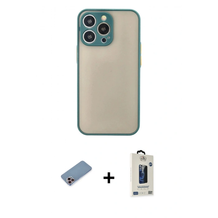 MARSİLYAN™- iPhone 13 Pro Max Kılıf Ahenk Çizgi Serisi - Siyah Bilvis Hayalet Cam Ekran Koruyucu + Shine Kamera Lens Koruma Cam - PE