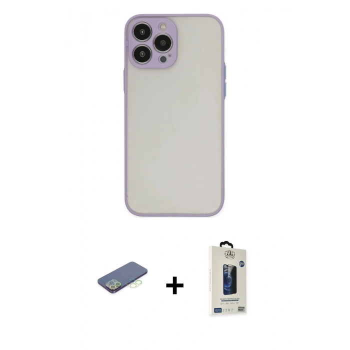 MARSİLYAN™- iPhone 13 Pro Max Kılıf Ahenk Çizgi Serisi - Siyah Bilvis Hayalet Cam Ekran Koruyucu + Renkli Kamera Lens Koruma Cam - YL