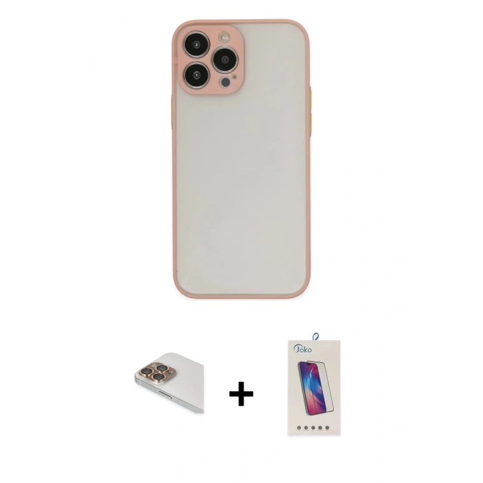 MARSİLYAN™- iPhone 13 Pro Max Kılıf Ahenk Çizgi Serisi - Siyah Joko 5D Cam + Gold Pers Alüminyum Kamera Lens