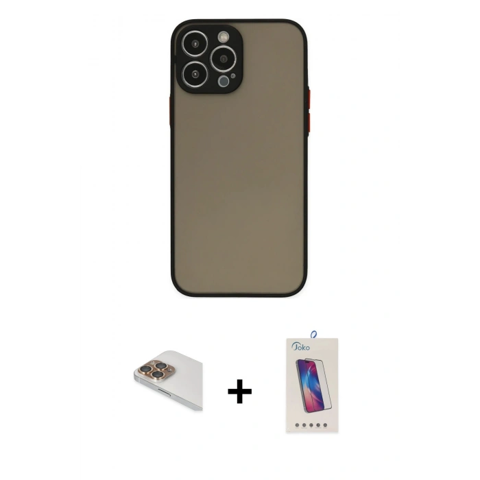 MARSİLYAN™- iPhone 13 Pro Max Kılıf Ahenk Çizgi Serisi - Siyah Joko 5D Cam + Gold Pers Alüminyum Kamera Lens