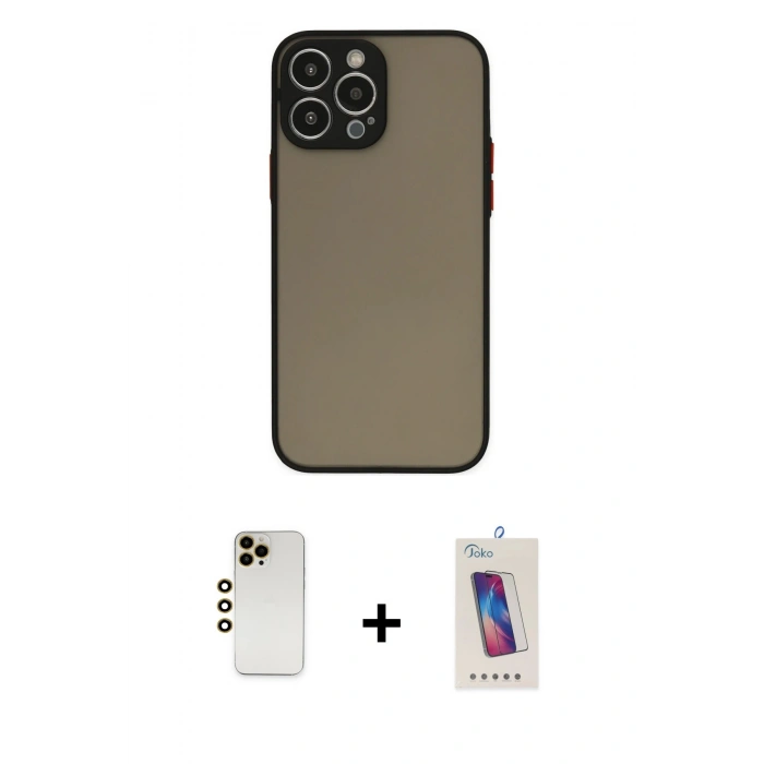 MARSİLYAN™- iPhone 13 Pro Max Kılıf Ahenk Çizgi Serisi - Siyah Joko 5D Cam + Gold Shine Kamera Lens