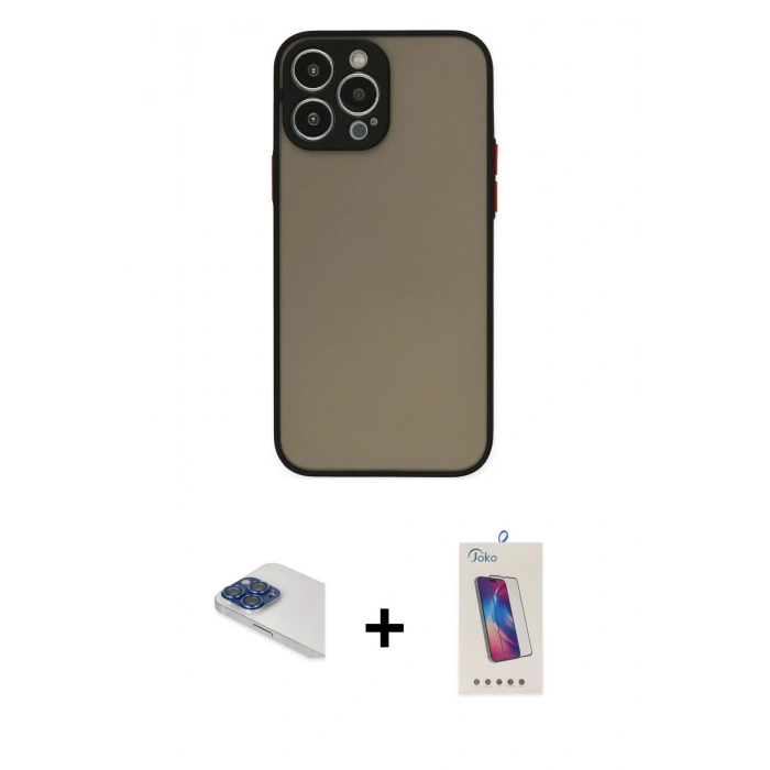 MARSİLYAN™- iPhone 13 Pro Max Kılıf Ahenk Çizgi Serisi - Siyah Joko 5D Cam + Pers Alüminyum Kamera Lens - LT