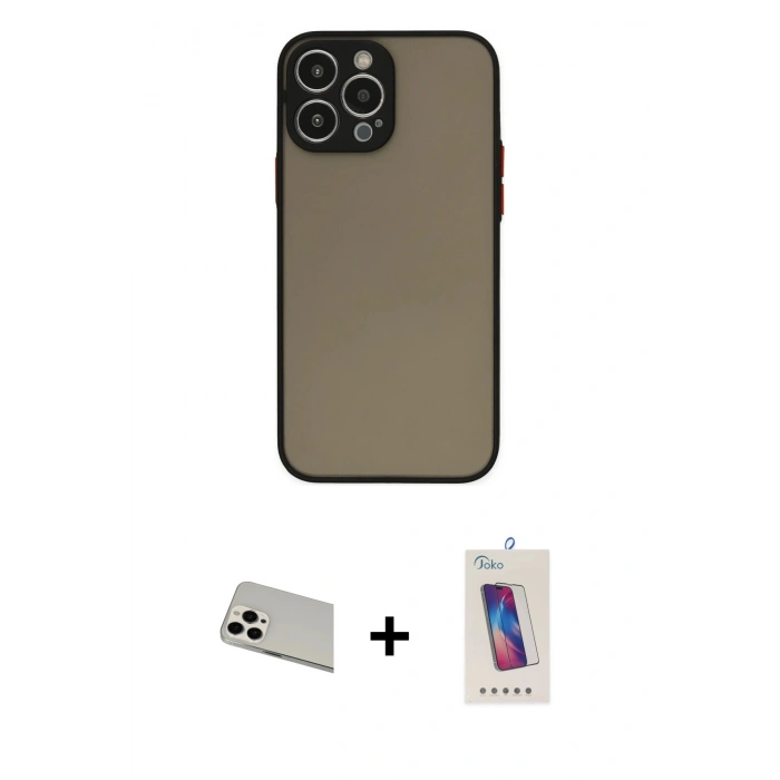 MARSİLYAN™- iPhone 13 Pro Max Kılıf Ahenk Çizgi Serisi - Siyah Joko 5D Cam + Rainbow Kamera Lens Koruma Cam - BZ