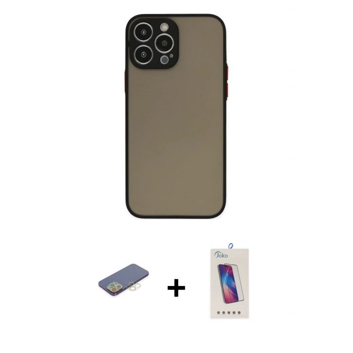 MARSİLYAN™- iPhone 13 Pro Max Kılıf Ahenk Çizgi Serisi - Siyah Joko 5D Cam + Renkli Kamera Lens Koruma Cam - SI