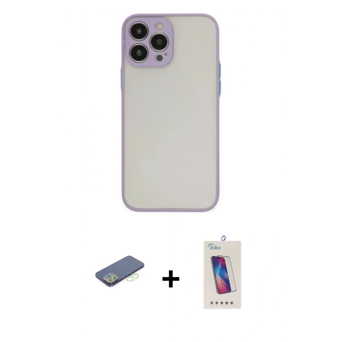 MARSİLYAN™- iPhone 13 Pro Max Kılıf Ahenk Çizgi Serisi - Siyah Joko 5D Cam + Renkli Kamera Lens Koruma Cam - YL