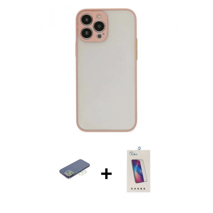 MARSİLYAN™- iPhone 13 Pro Max Kılıf Ahenk Çizgi Serisi - Siyah Joko 5D Cam + Renkli Kamera Lens Koruma Cam - YL