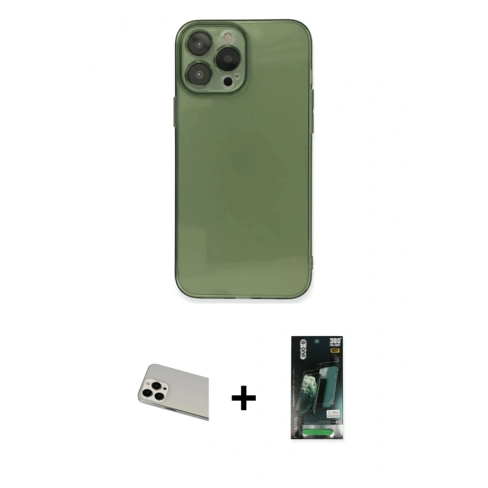 MARSİLYAN™- iPhone 13 Pro Max Kılıf Ahenk Doku - Şeffaf 360 Full Body Arka Koruyucu + Rainbow Kamera Lens Koruma Cam - BZ