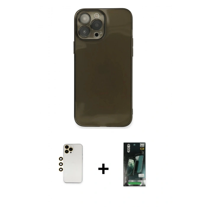 MARSİLYAN™- iPhone 13 Pro Max Kılıf Ahenk Doku - Şeffaf 360 Full Body Arka Koruyucu + Shine Kamera Lens - GD