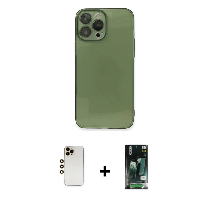 MARSİLYAN™- iPhone 13 Pro Max Kılıf Ahenk Doku - Şeffaf 360 Full Body Arka Koruyucu + Shine Kamera Lens - GD