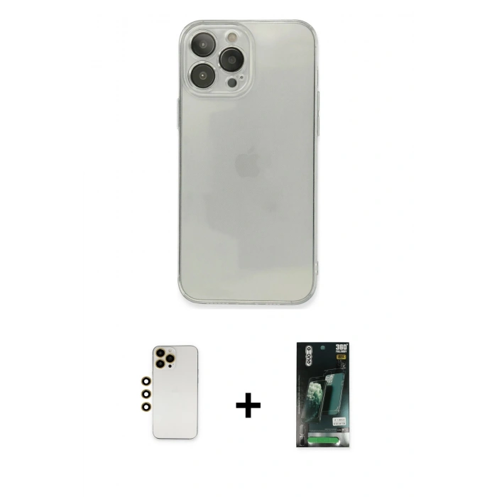 MARSİLYAN™- iPhone 13 Pro Max Kılıf Ahenk Doku - Şeffaf 360 Full Body Arka Koruyucu + Shine Kamera Lens - GD