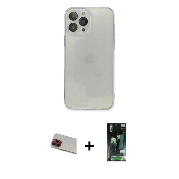 MARSİLYAN™- iPhone 13 Pro Max Kılıf Ahenk Doku - Şeffaf 360 Full Body Arka Koruyucu + Kırmızı Rainbow Kamera Lens Koruma Cam