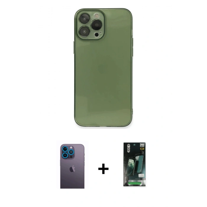 MARSİLYAN™- iPhone 13 Pro Max Kılıf Ahenk Doku - Şeffaf 360 Full Body Arka Koruyucu + Neon Fosforlu Kamera Lens - MI