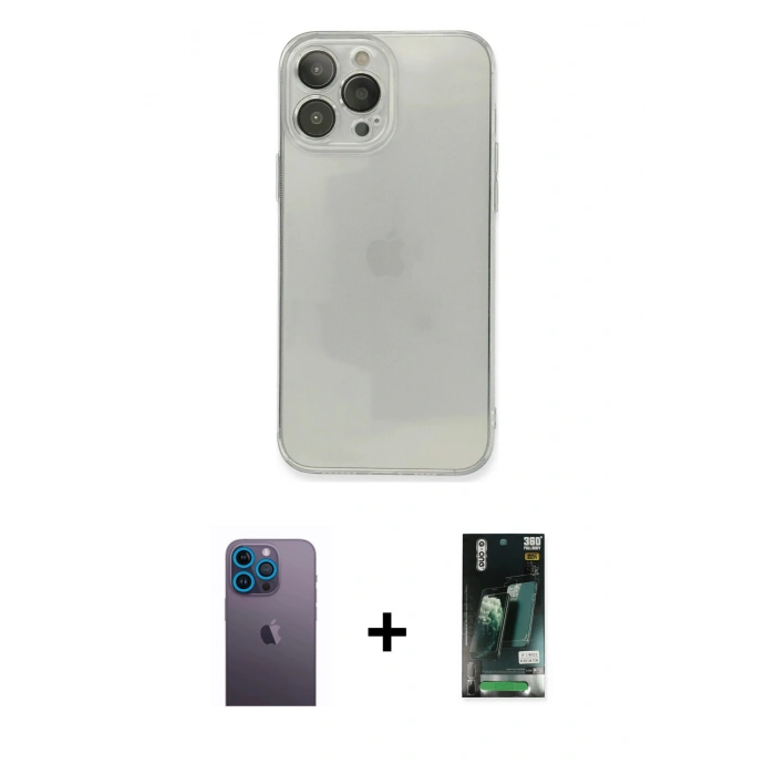 MARSİLYAN™- iPhone 13 Pro Max Kılıf Ahenk Doku - Şeffaf 360 Full Body Arka Koruyucu + Neon Fosforlu Kamera Lens - MI