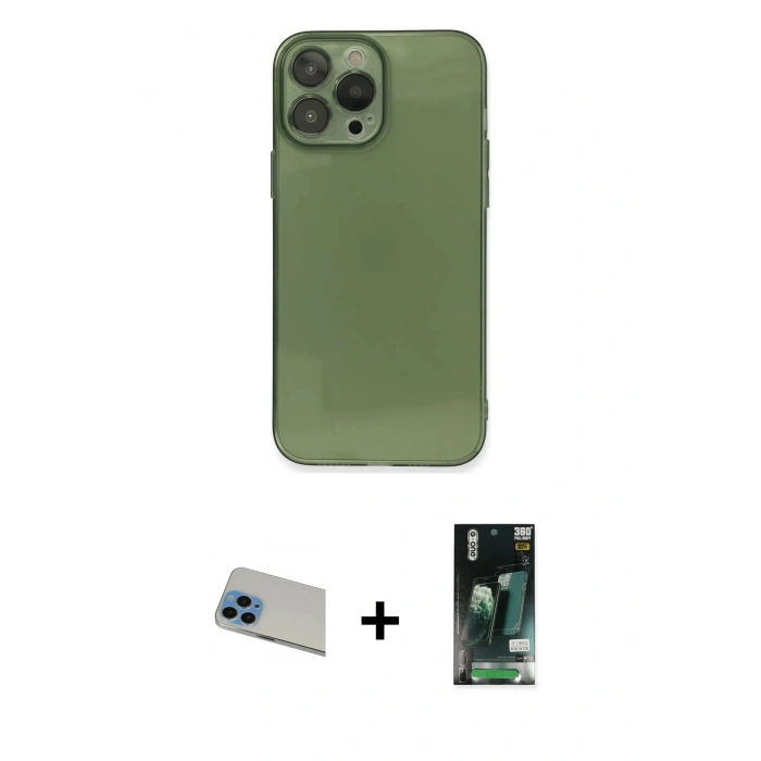 MARSİLYAN™- iPhone 13 Pro Max Kılıf Ahenk Doku - Şeffaf 360 Full Body Arka Koruyucu + Mavi Rainbow Kamera Lens Koruma Cam