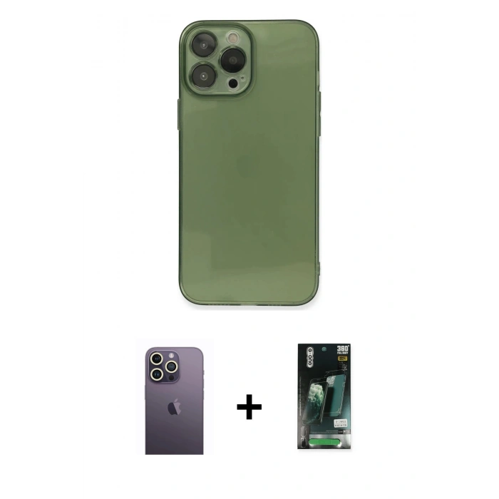 MARSİLYAN™- iPhone 13 Pro Max Kılıf Ahenk Doku - Şeffaf 360 Full Body Arka Koruyucu + Neon Fosforlu Kamera Lens - BZ