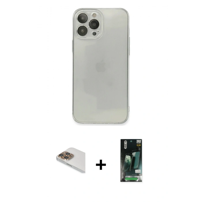 MARSİLYAN™- iPhone 13 Pro Max Kılıf Ahenk Doku - Şeffaf 360 Full Body Arka Koruyucu + Pers Alüminyum Kamera Lens - GD