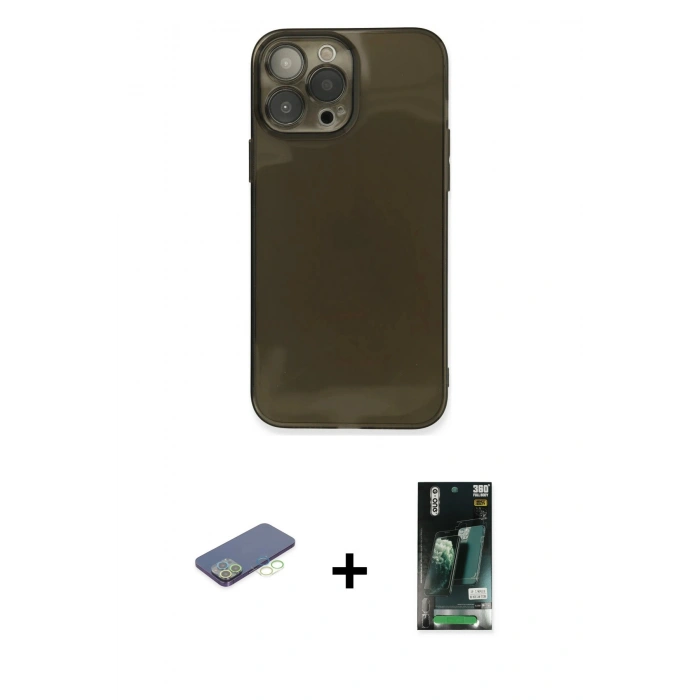MARSİLYAN™- iPhone 13 Pro Max Kılıf Ahenk Doku - Şeffaf 360 Full Body Arka Koruyucu + Renkli Kamera Lens Koruma Cam - YL