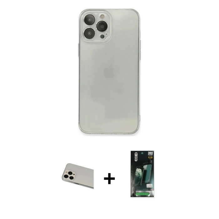 MARSİLYAN™- iPhone 13 Pro Max Kılıf Ahenk Doku - Şeffaf 360 Full Body Arka Koruyucu + Rainbow Kamera Lens Koruma Cam - REGD