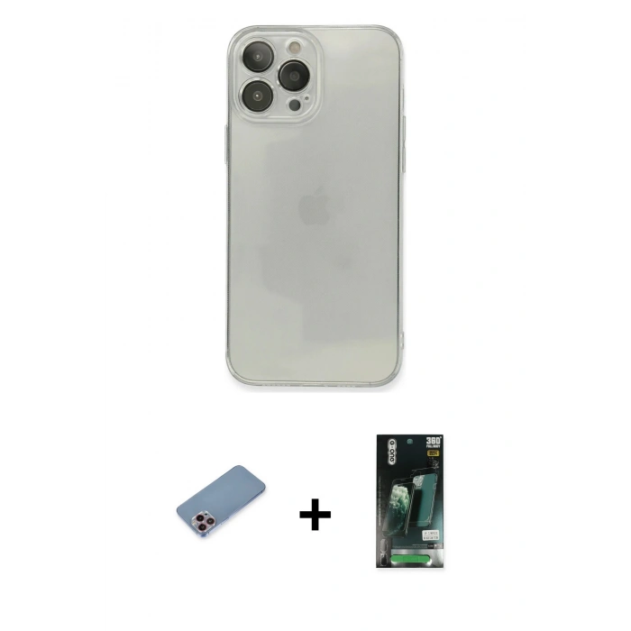 MARSİLYAN™- iPhone 13 Pro Max Kılıf Ahenk Doku - Şeffaf 360 Full Body Arka Koruyucu + Shine Kamera Lens Koruma Cam - PE