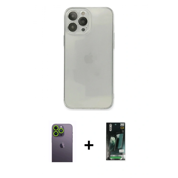 MARSİLYAN™- iPhone 13 Pro Max Kılıf Ahenk Doku - Şeffaf 360 Full Body Arka Koruyucu + Neon Fosforlu Kamera Lens - YL
