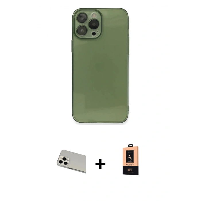 MARSİLYAN™- iPhone 13 Pro Max Kılıf Ahenk Doku - Şeffaf Maxco Cam Ekran Koruyucu + Rainbow Kamera Lens Koruma Cam - BZ
