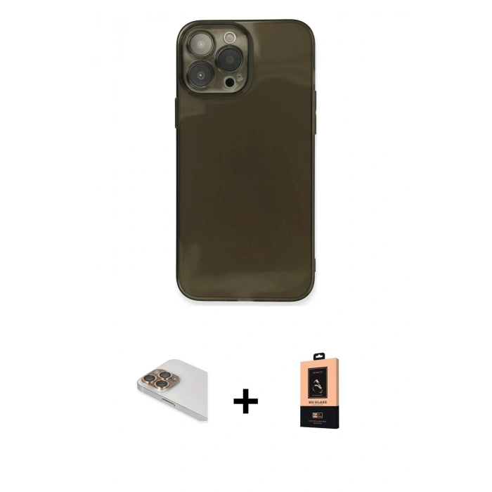 MARSİLYAN™- iPhone 13 Pro Max Kılıf Ahenk Doku - Şeffaf Maxco Cam Ekran Koruyucu + Gold Pers Alüminyum Kamera Lens