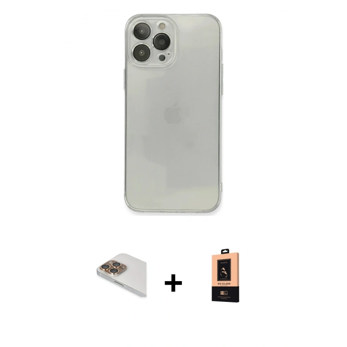 MARSİLYAN™- iPhone 13 Pro Max Kılıf Ahenk Doku - Şeffaf Maxco Cam Ekran Koruyucu + Gold Pers Alüminyum Kamera Lens