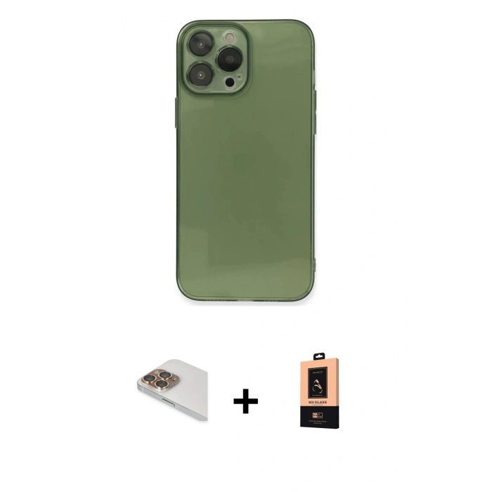 MARSİLYAN™- iPhone 13 Pro Max Kılıf Ahenk Doku - Şeffaf Maxco Cam Ekran Koruyucu + Gold Pers Alüminyum Kamera Lens